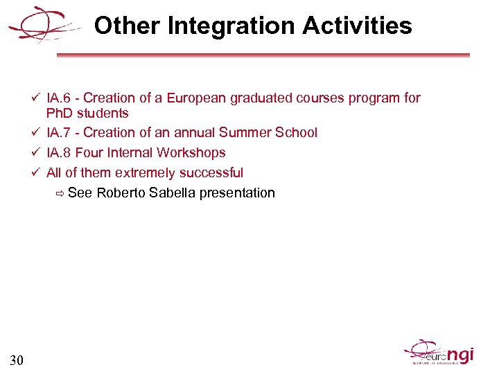 Other Integration Activities ü IA. 6 - Creation of a European graduated courses program