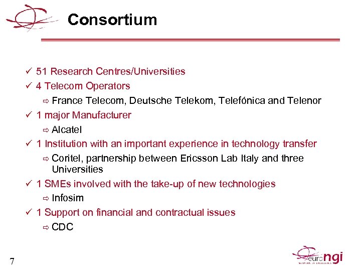 Consortium ü 51 Research Centres/Universities ü 4 Telecom Operators ð France Telecom, Deutsche Telekom,