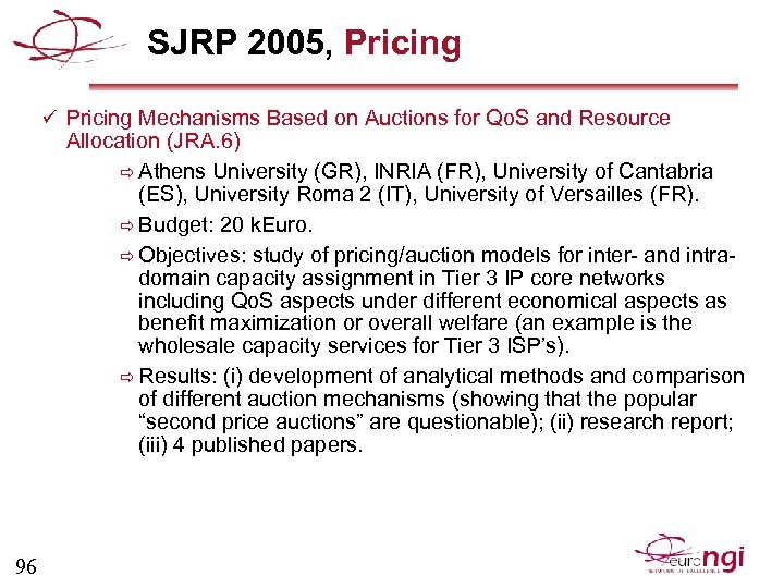 SJRP 2005, Pricing ü Pricing Mechanisms Based on Auctions for Qo. S and Resource