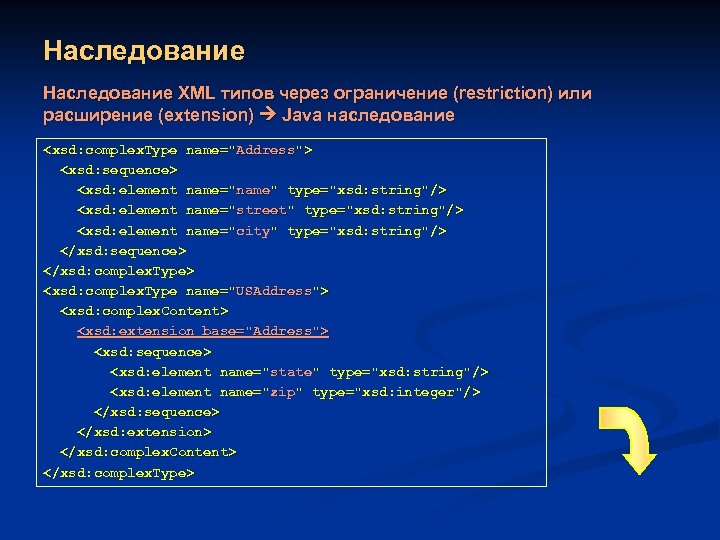 Наследование XML типов через ограничение (restriction) или расширение (extension) Java наследование <xsd: complex. Type