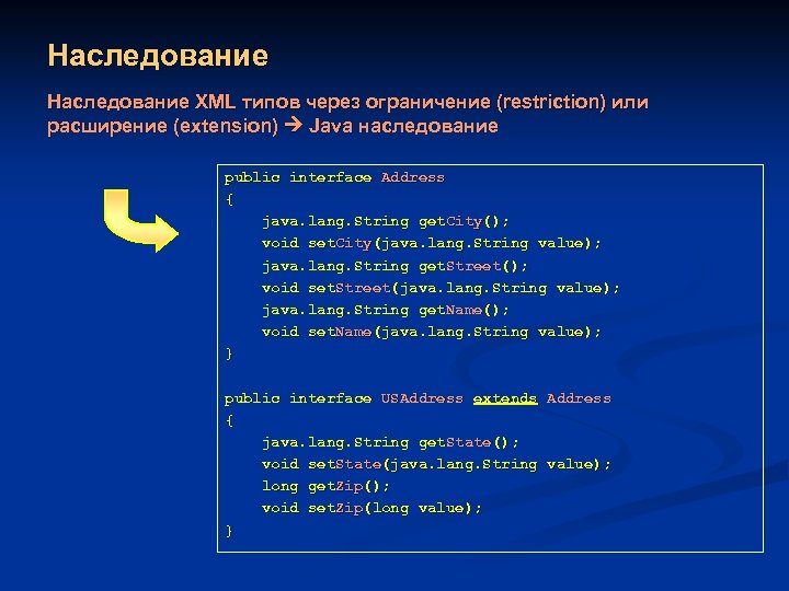 Наследование XML типов через ограничение (restriction) или расширение (extension) Java наследование public interface Address