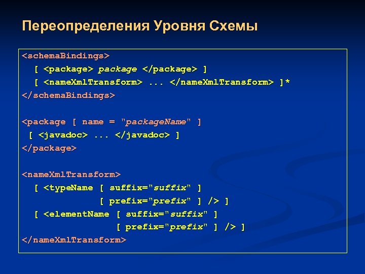 Переопределения Уровня Схемы <schema. Bindings> [ <package> package </package> ] [ <name. Xml. Transform>.