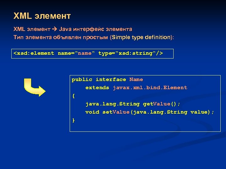 XML элемент Java интерфейс элемента Тип элемента объявлен простым (Simple type definition): <xsd: element