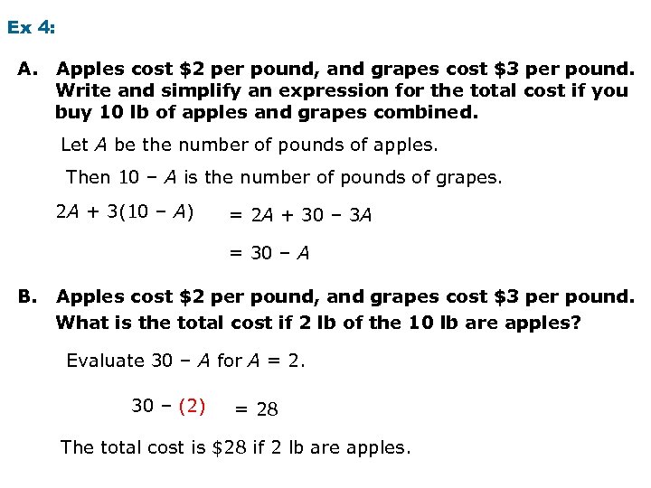 Ex 4: A. Apples cost $2 per pound, and grapes cost $3 per pound.
