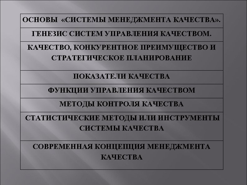 ОСНОВЫ «СИСТЕМЫ МЕНЕДЖМЕНТА КАЧЕСТВА» . ГЕНЕЗИС СИСТЕМ УПРАВЛЕНИЯ КАЧЕСТВОМ. КАЧЕСТВО, КОНКУРЕНТНОЕ ПРЕИМУЩЕСТВО И СТРАТЕГИЧЕСКОЕ