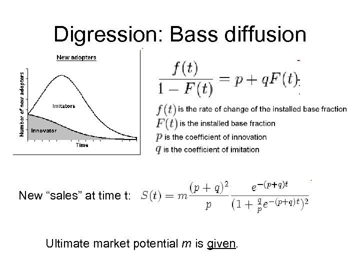 Digression: Bass diffusion New “sales” at time t: Ultimate market potential m is given.