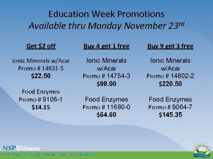 Education Week Promotions Available thru Monday November 23 rd Get $2 off Buy 4
