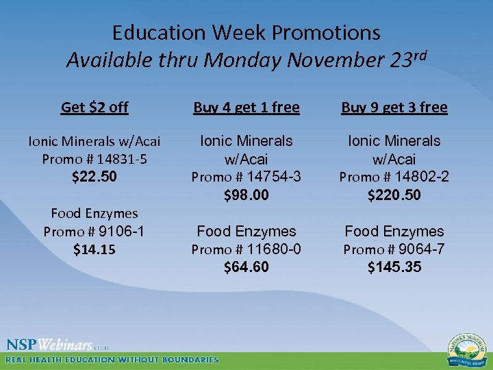 Education Week Promotions Available thru Monday November 23 rd Get $2 off Buy 4