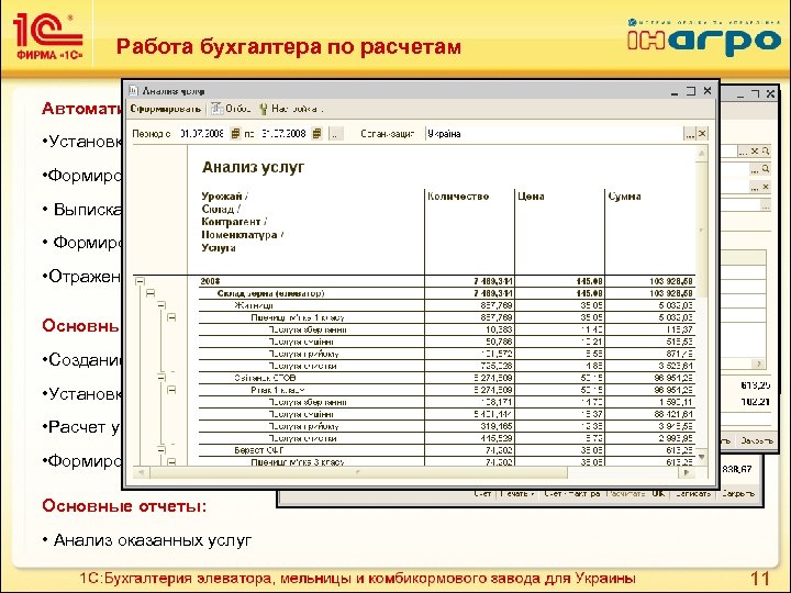 Работа бухгалтера по расчетам Автоматизированы задачи бухгалтера по расчетам: • Установка стоимости услуг для