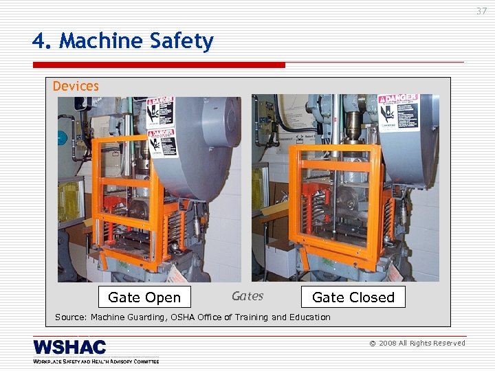 37 4. Machine Safety Devices Gate Open Gates Gate Closed Source: Machine Guarding, OSHA