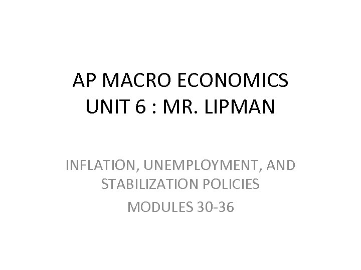 AP MACRO ECONOMICS UNIT 6 : MR. LIPMAN INFLATION, UNEMPLOYMENT, AND STABILIZATION POLICIES MODULES