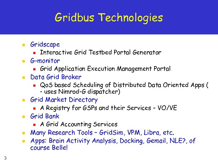 Gridbus Technologies n n n n 3 Gridscape n Interactive Grid Testbed Portal Generator