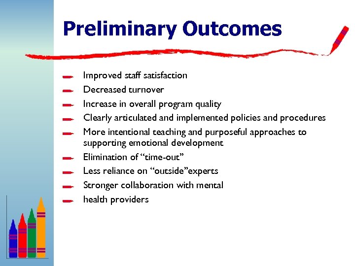 Preliminary Outcomes Improved staff satisfaction Decreased turnover Increase in overall program quality Clearly articulated