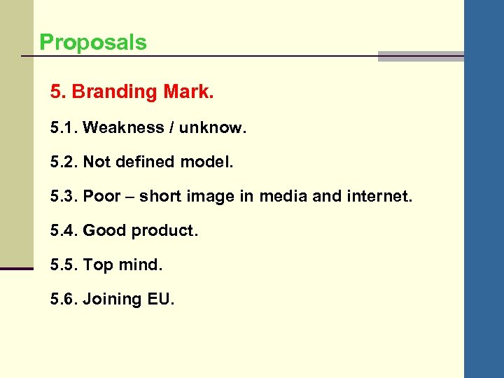 Proposals 5. Branding Mark. 5. 1. Weakness / unknow. 5. 2. Not defined model.