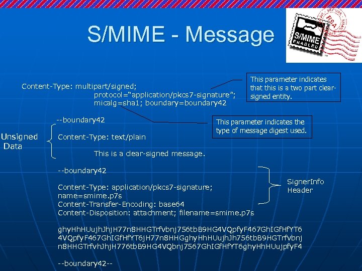 S/MIME - Message Content-Type: multipart/signed; protocol=“application/pkcs 7 -signature”; micalg=sha 1; boundary=boundary 42 --boundary 42