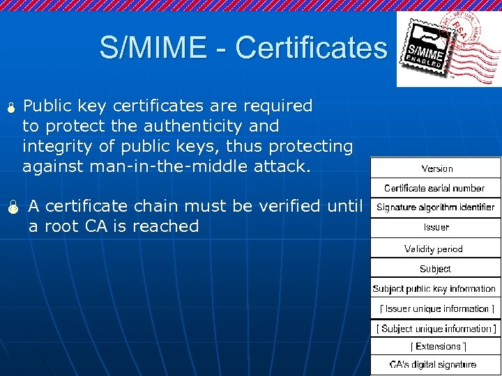 S/MIME - Certificates Ï Public key certificates are required to protect the authenticity and