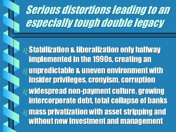 Serious distortions leading to an especially tough double legacy b Stabilization & liberalization only