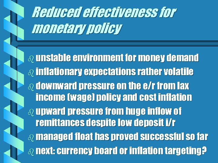 Reduced effectiveness for monetary policy b unstable environment for money demand b inflationary expectations