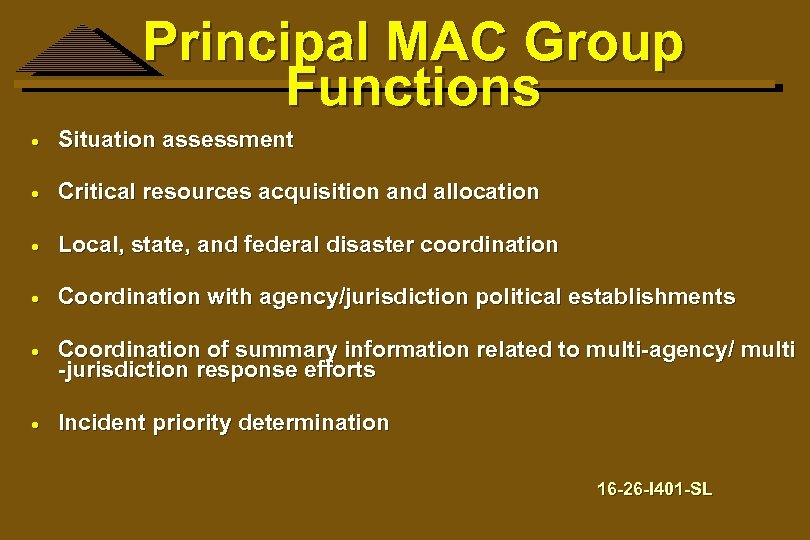 Principal MAC Group Functions · Situation assessment · Critical resources acquisition and allocation ·