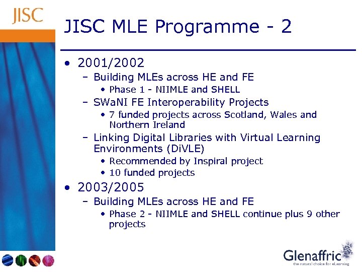 JISC MLE Programme - 2 • 2001/2002 – Building MLEs across HE and FE