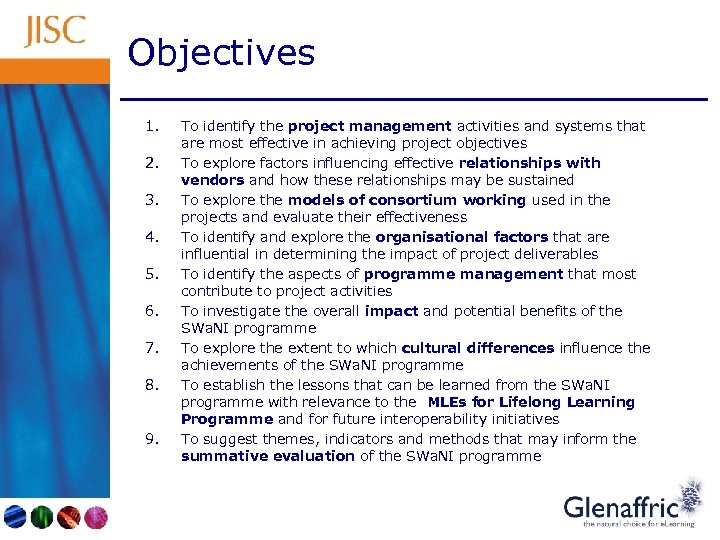 Objectives 1. 2. 3. 4. 5. 6. 7. 8. 9. To identify the project