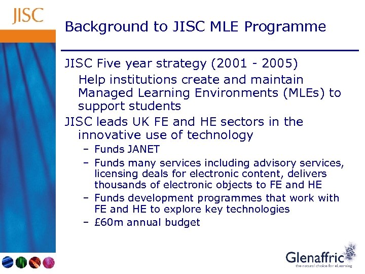 Background to JISC MLE Programme JISC Five year strategy (2001 - 2005) Help institutions