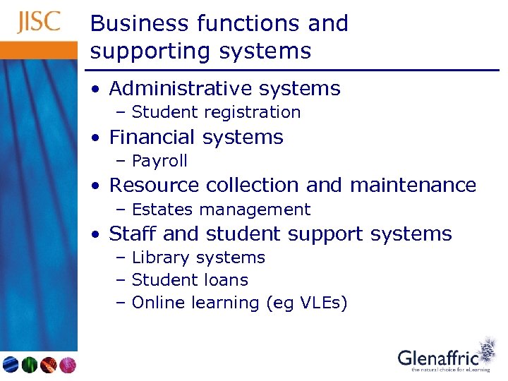 Business functions and supporting systems • Administrative systems – Student registration • Financial systems