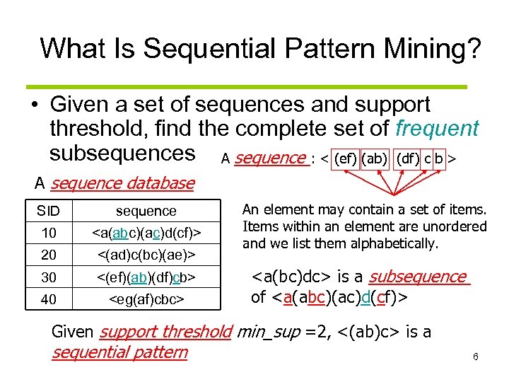 What Is Sequential Pattern Mining? • Given a set of sequences and support threshold,