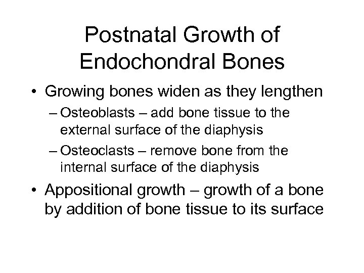Postnatal Growth of Endochondral Bones • Growing bones widen as they lengthen – Osteoblasts