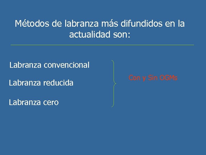 Métodos de labranza más difundidos en la actualidad son: Labranza convencional Labranza reducida Labranza