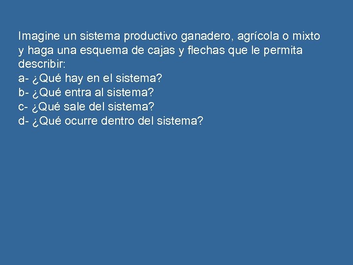 Imagine un sistema productivo ganadero, agrícola o mixto y haga una esquema de cajas