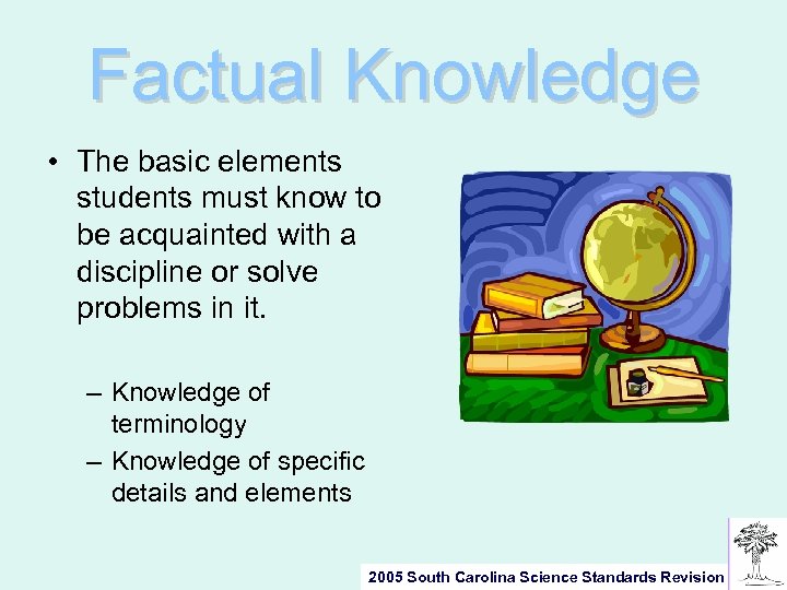 Factual Knowledge • The basic elements students must know to be acquainted with a