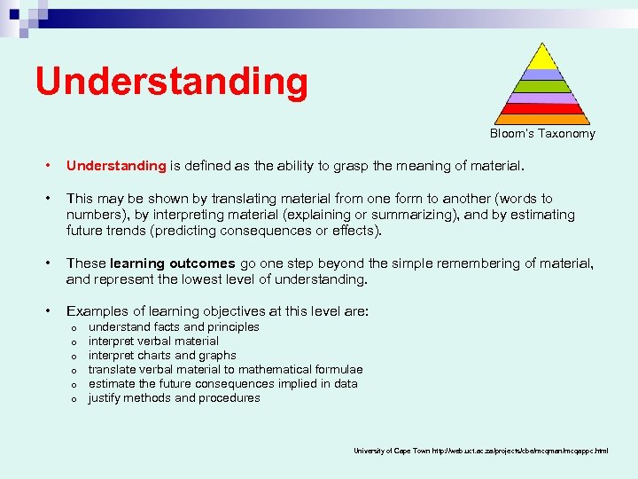 Understanding Bloom’s Taxonomy • Understanding is defined as the ability to grasp the meaning