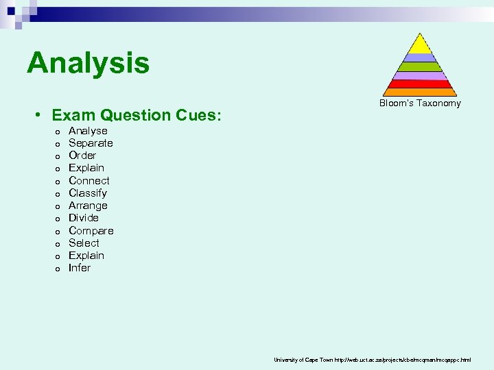 Analysis • Exam Question Cues: o o o Bloom’s Taxonomy Analyse Separate Order Explain