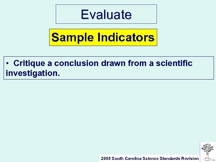 Evaluate Sample Indicators • Critique a conclusion drawn from a scientific investigation. 2005 South