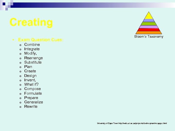 Creating • Exam Question Cues: o o o o Bloom’s Taxonomy Combine Integrate Modify,