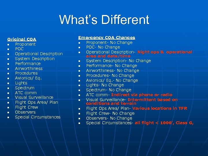 What’s Different Original COA n Proponent n POC n Operational Description n System Description