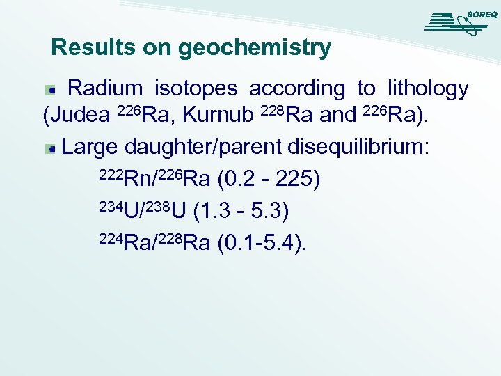 Results on geochemistry Radium isotopes according to lithology (Judea 226 Ra, Kurnub 228 Ra