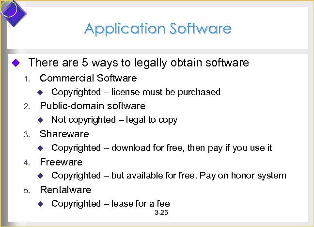 Application Software u There are 5 ways to legally obtain software 1. Commercial Software