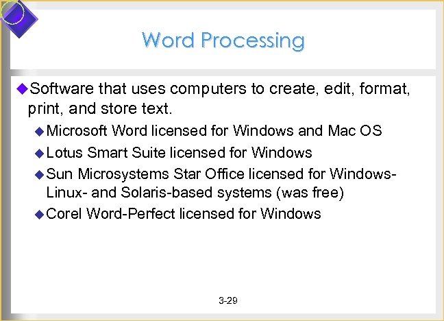 Word Processing u. Software that uses computers to create, edit, format, print, and store