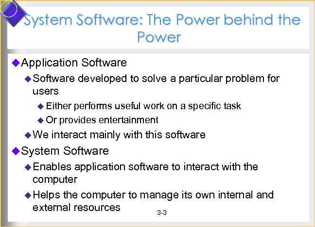 System Software: The Power behind the Power u. Application Software u Software developed to
