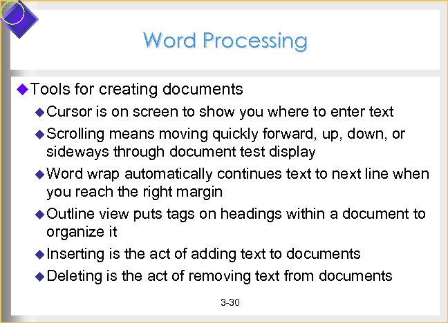 Word Processing u. Tools for creating documents u Cursor is on screen to show