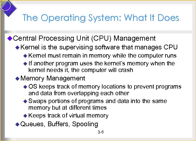 The Operating System: What It Does u. Central Processing Unit (CPU) Management u Kernel