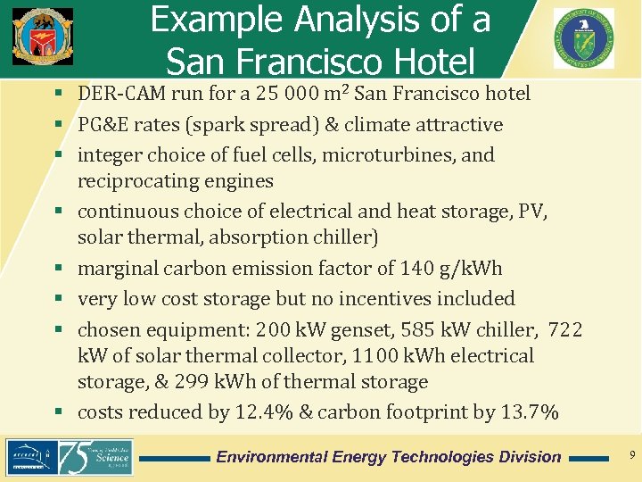 Example Analysis of a San Francisco Hotel § DER-CAM run for a 25 000