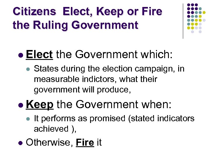 Citizens Elect, Keep or Fire the Ruling Government l Elect l States during the