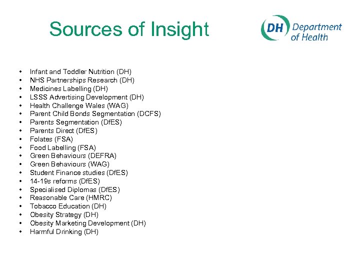 Sources of Insight • • • • • Infant and Toddler Nutrition (DH) NHS