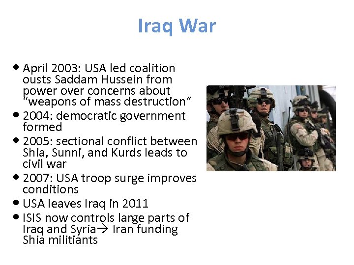 Iraq War April 2003: USA led coalition ousts Saddam Hussein from power over concerns