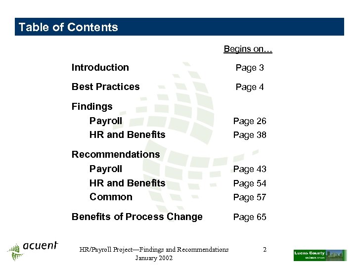 Table of Contents Begins on… Introduction Page 3 Best Practices Page 4 Findings Payroll