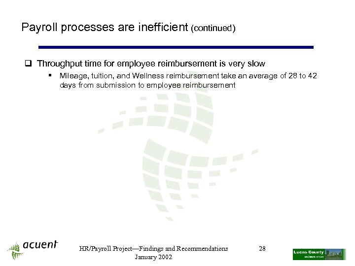 Payroll processes are inefficient (continued) q Throughput time for employee reimbursement is very slow