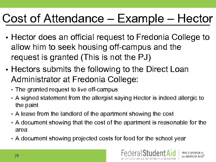 Cost of Attendance – Example – Hector does an official request to Fredonia College